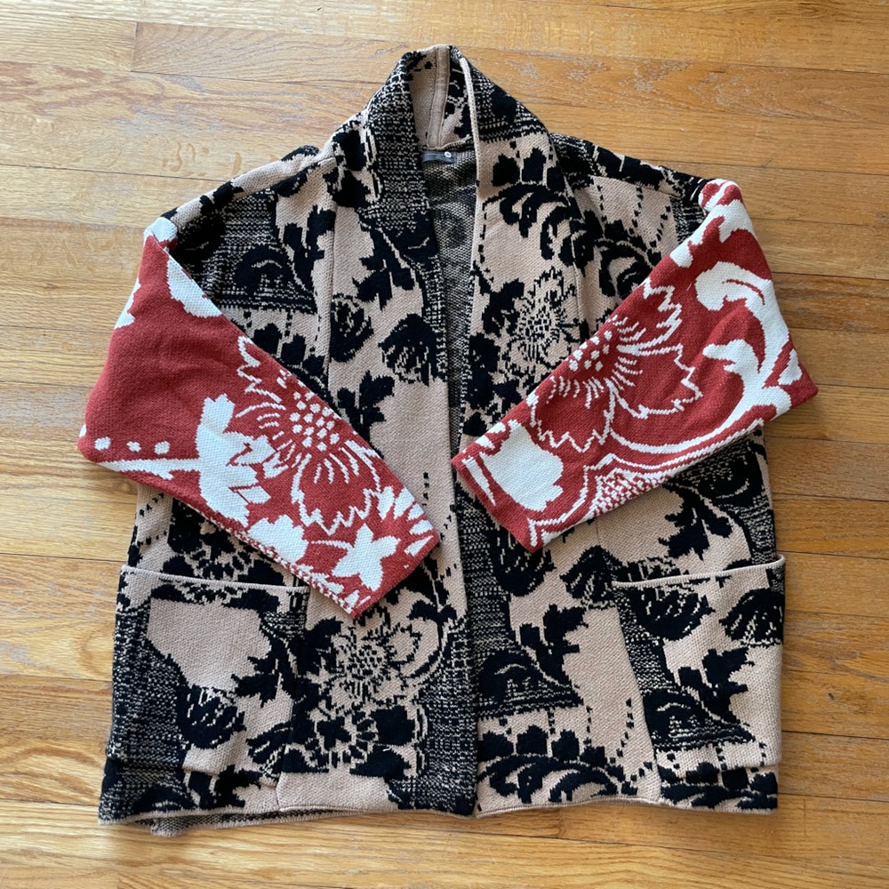 Anthropologie Oversized Cardigan Sweater Size XS/S Black Tan Orange EUC